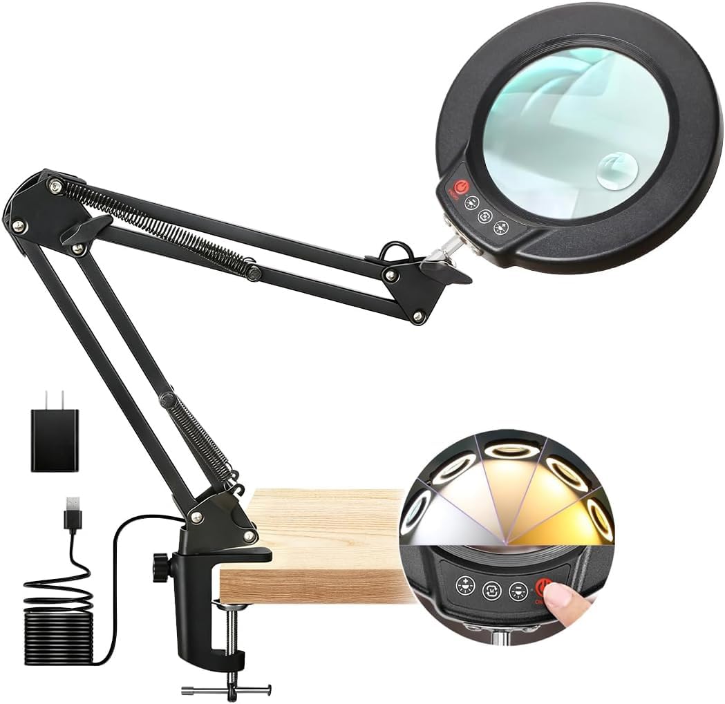 12X Magnifying Glass with Light and Clamp, Real Glass Lens Lighted Magnifier with Stand, 5 Color Modes LED Dimmable Magnifying Desk Lamp Hands Free for Crafts Jewelry Painting Sewing Close Work