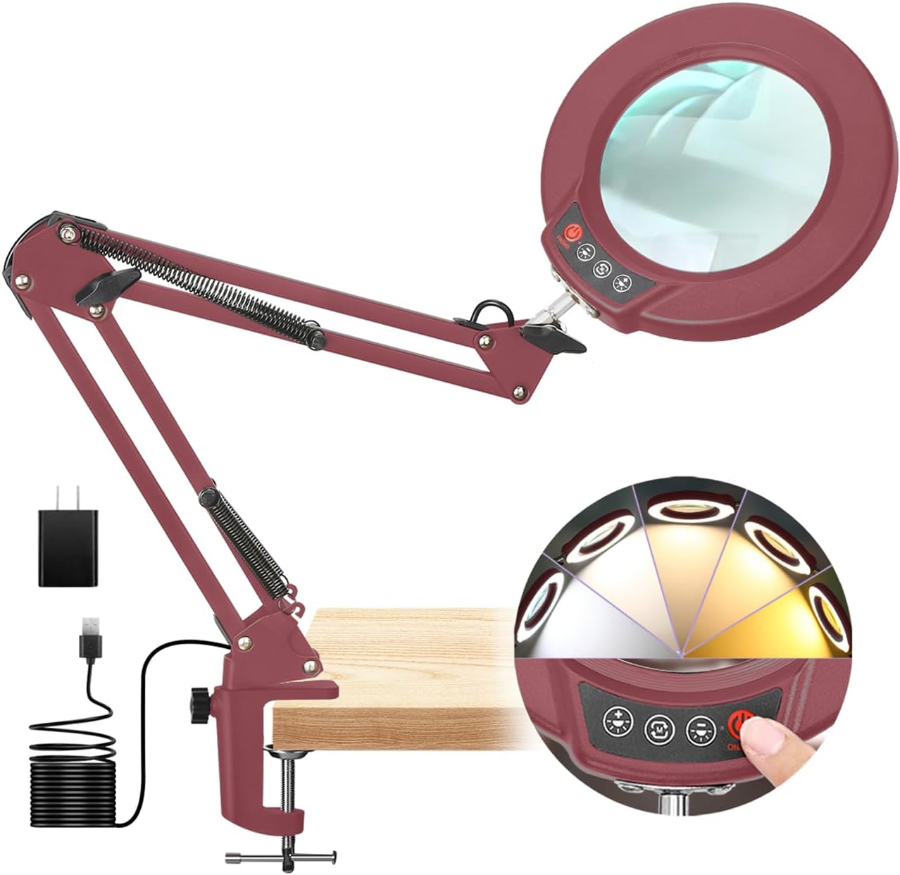 12X Magnifying Glass with Light and Clamp, Real Glass Lens Lighted Magnifier with Stand, 5 Color Modes LED Dimmable Magnifying Desk Lamp Hands Free for Crafts Jewelry Painting Sewing Close Work