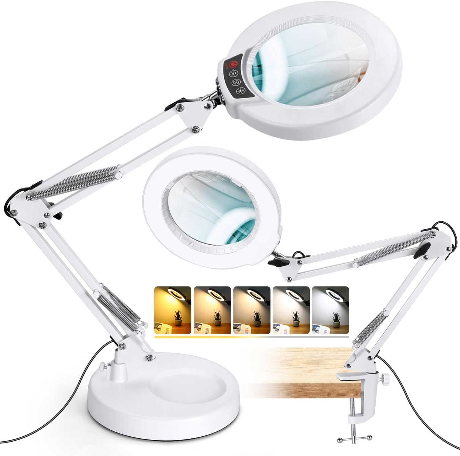 12X Magnifying Glass with Light and Clamp, Real Glass Lens Lighted Magnifier with Stand, 5 Color Modes LED Dimmable Magnifying Desk Lamp Hands Free for Crafts Jewelry Painting Sewing Close Work