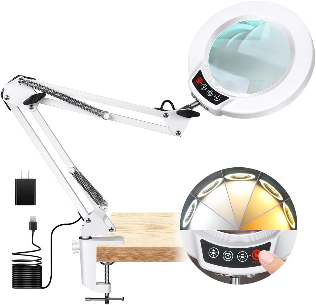 12X Magnifying Glass with Light and Clamp, Real Glass Lens Lighted Magnifier with Stand, 5 Color Modes LED Dimmable Magnifying Desk Lamp Hands Free for Crafts Jewelry Painting Sewing Close Work