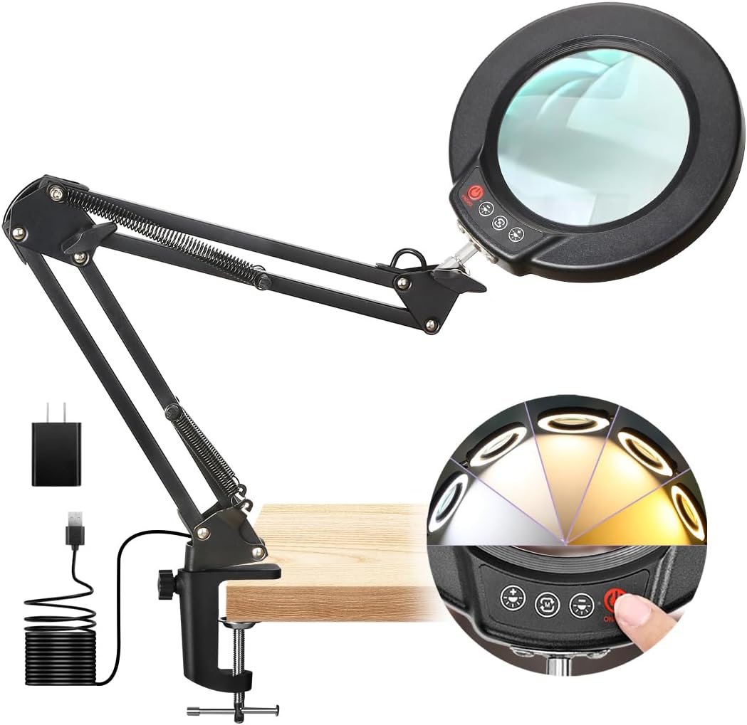 12X Magnifying Glass with Light and Clamp, Real Glass Lens Lighted Magnifier with Stand, 5 Color Modes LED Dimmable Magnifying Desk Lamp Hands Free for Crafts Jewelry Painting Sewing Close Work