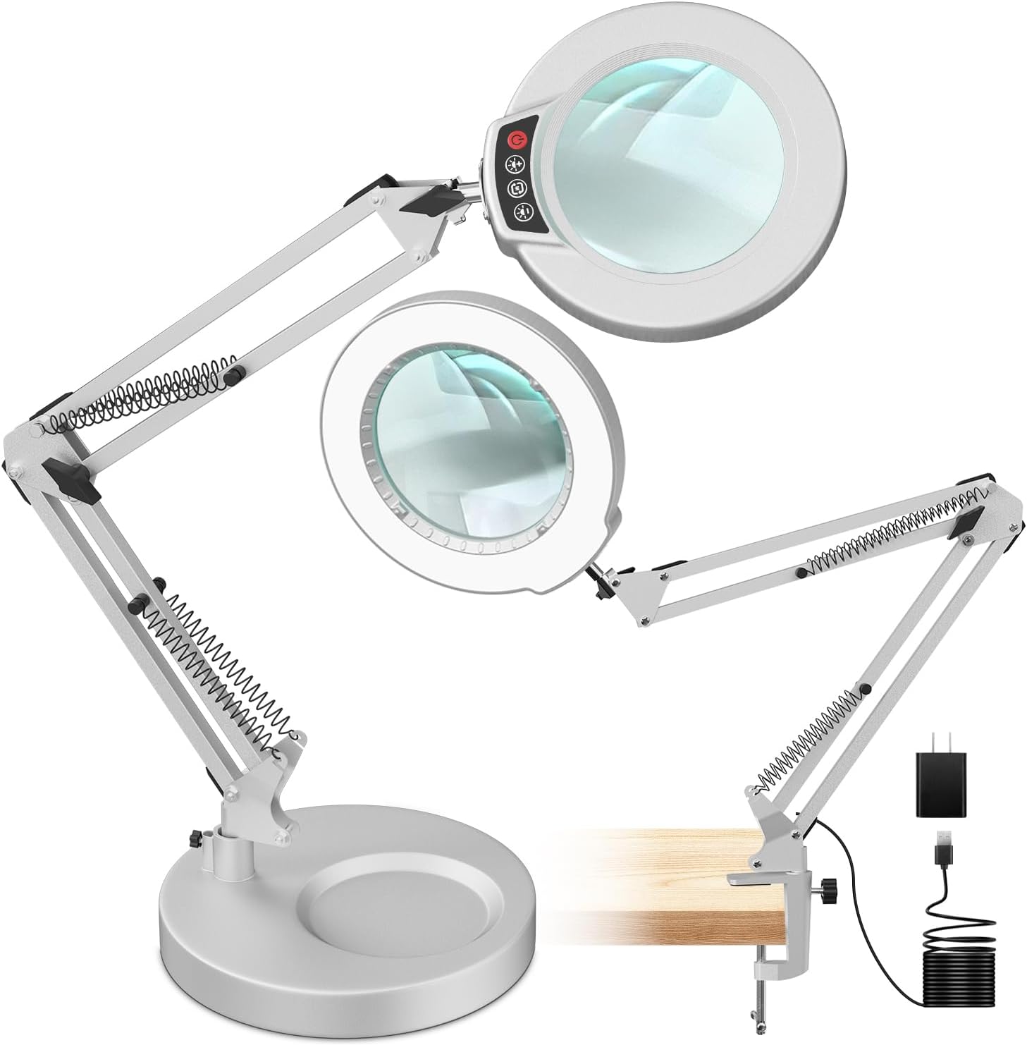 12X Magnifying Glass with Light and Clamp, Real Glass Lens Lighted Magnifier with Stand, 5 Color Modes LED Dimmable Magnifying Desk Lamp Hands Free for Crafts Jewelry Painting Sewing Close Work