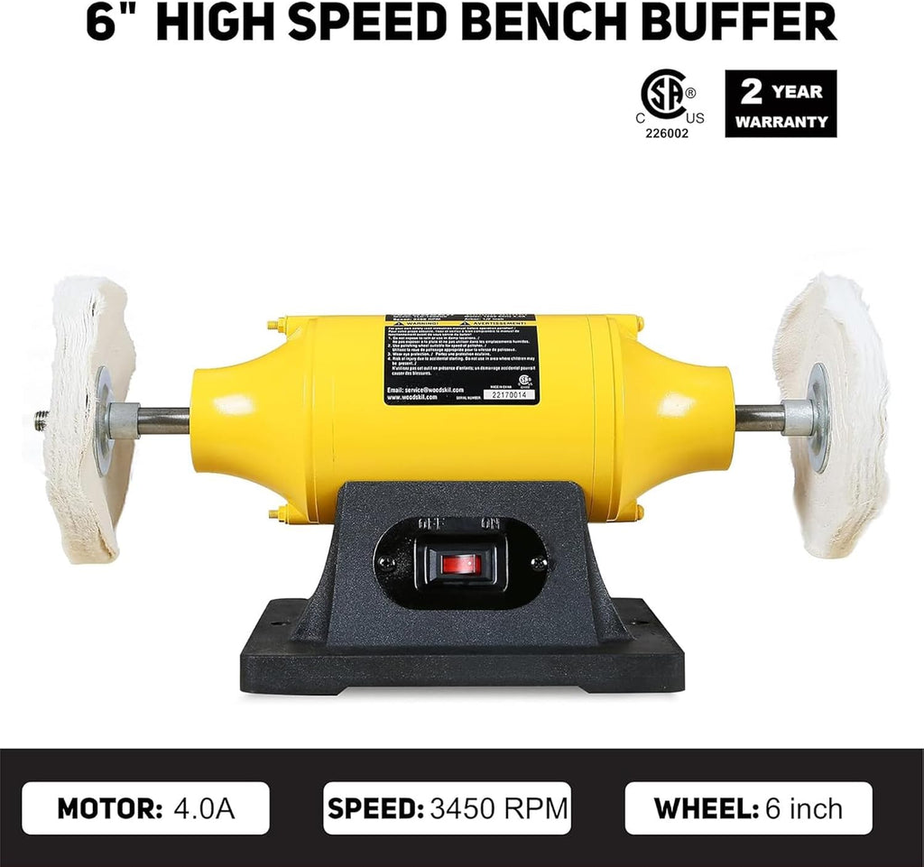 Woodskil 6" 1/2HP Benchtop Buffer Polisher,4A,3450RPM | Buffing Machine with Brushless Motor,Hard&Flannelette Wheel,Iron Base for Metal,Jewelry,Jade,Knife,Wood,Rust Removal