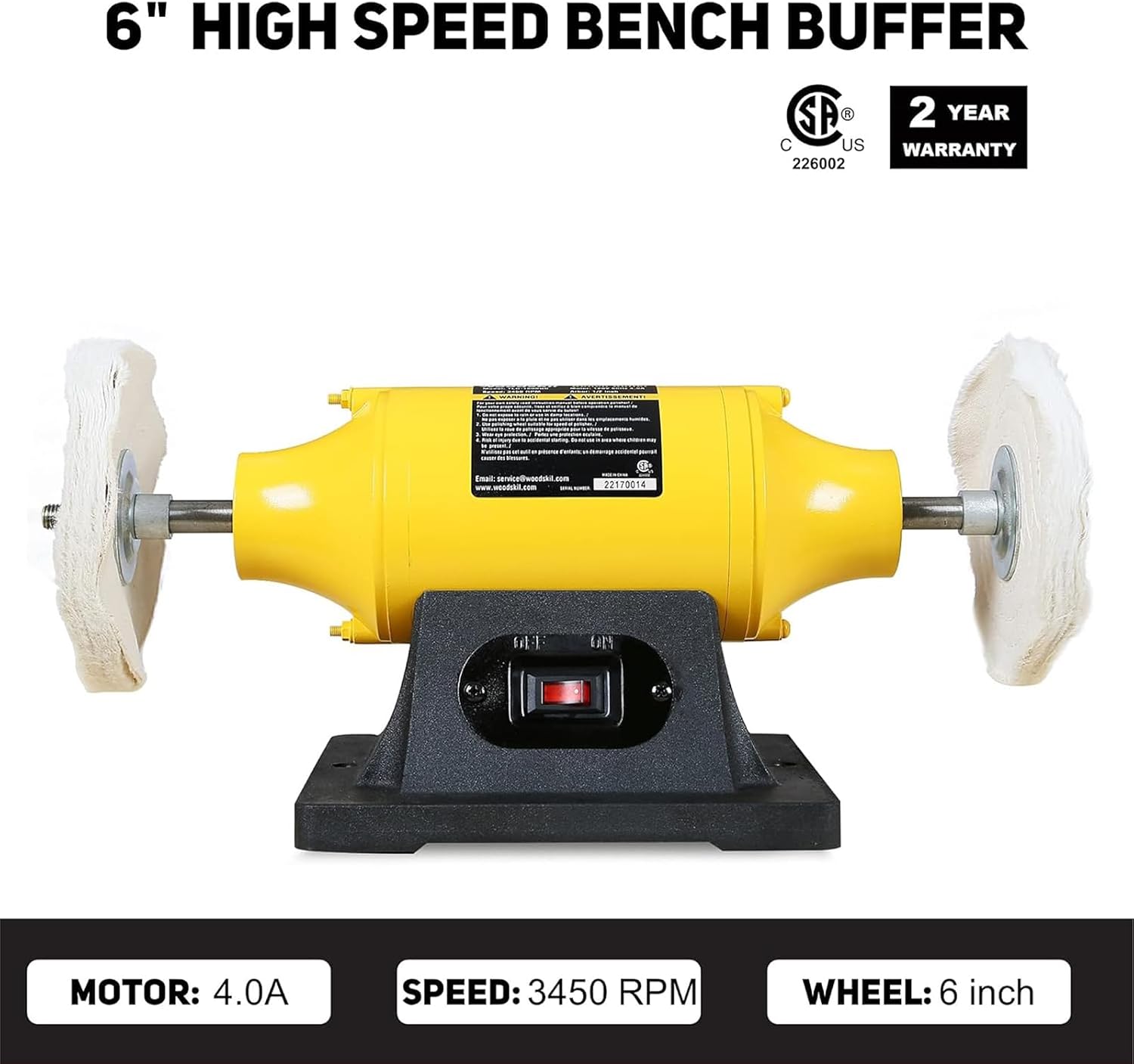 Woodskil 6" 1/2HP Benchtop Buffer Polisher,4A,3450RPM | Buffing Machine with Brushless Motor,Hard&Flannelette Wheel,Iron Base for Metal,Jewelry,Jade,Knife,Wood,Rust Removal