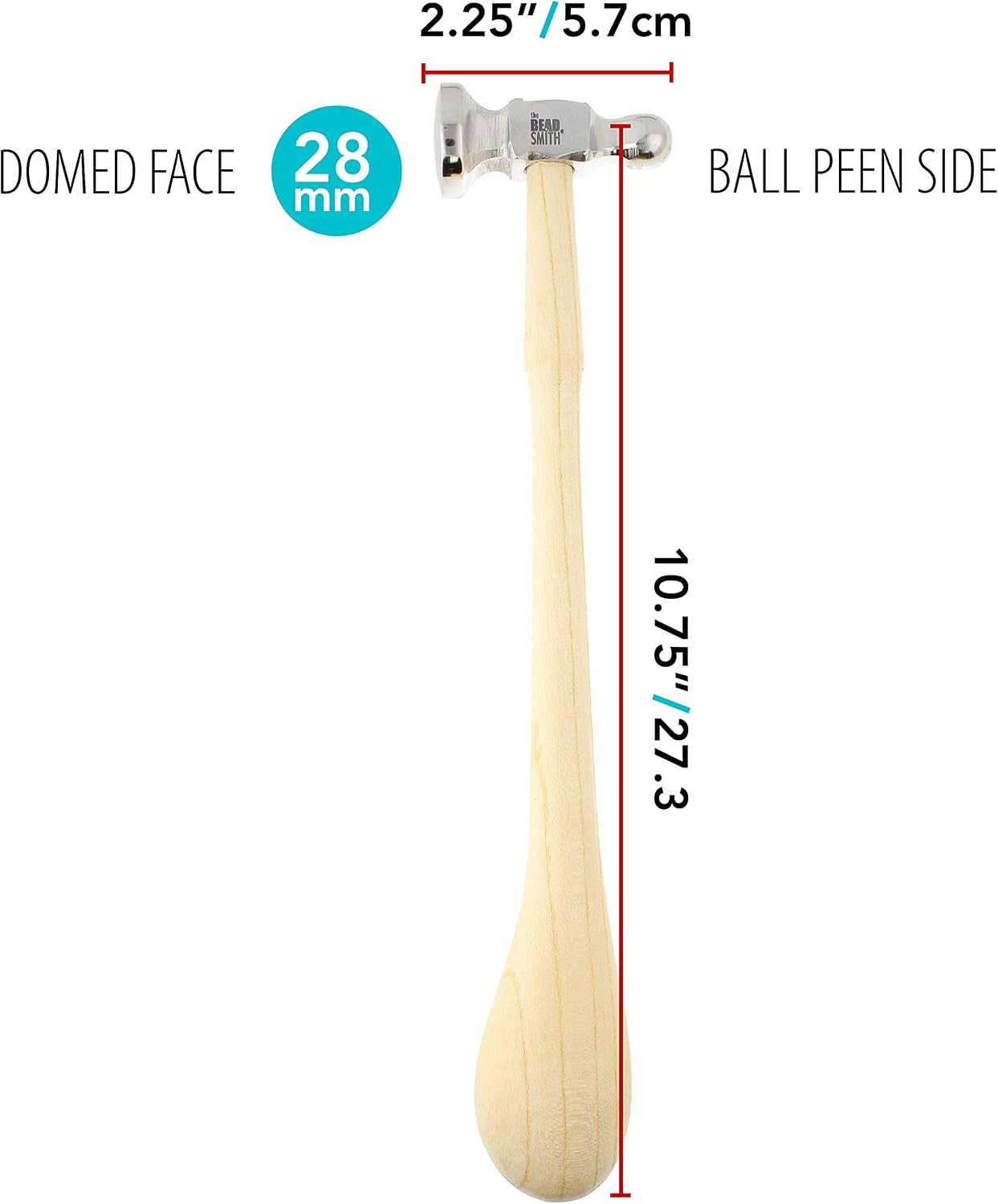 The Beadsmith Two-Sided Chasing Hammer | 10.75" Wooden Handle, 2.25” Steel Head with a 14mm Ball Pein & 28mm Domed Face, Tool Used to Add Texture to Metalwork