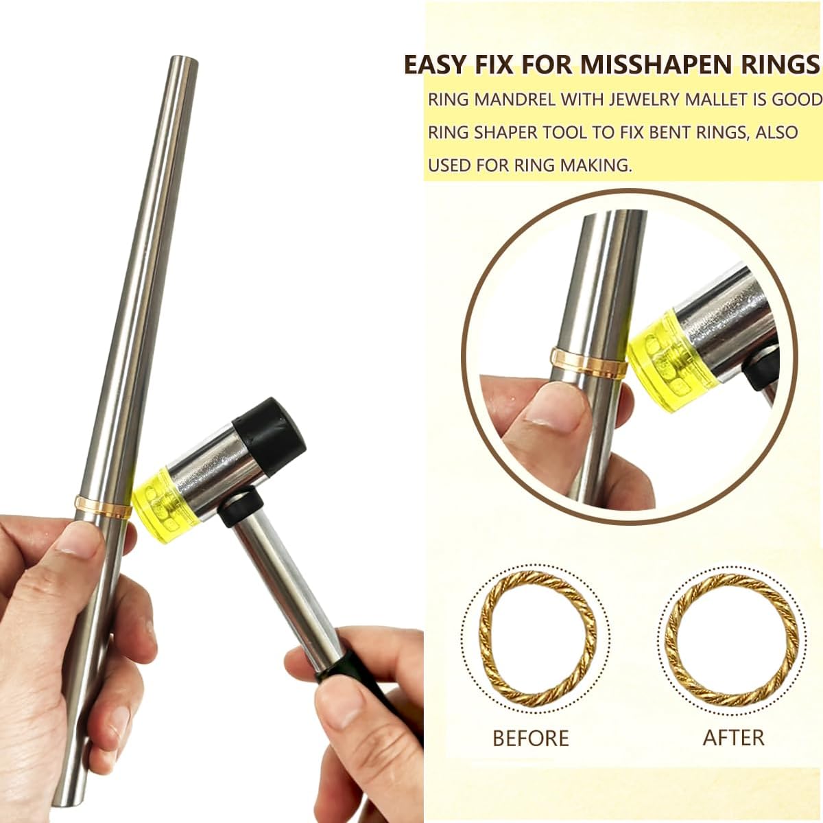 Ring Sizer Measuring Tool Ring Mandrel Metal Ring Sizing Kit Ring Size Measurer Ring Shaper to Fix Bent Rings Reshaper Tool Women Mens Ring Sizers Fixer Repair Kit Jewelry Mandrel and Mallet