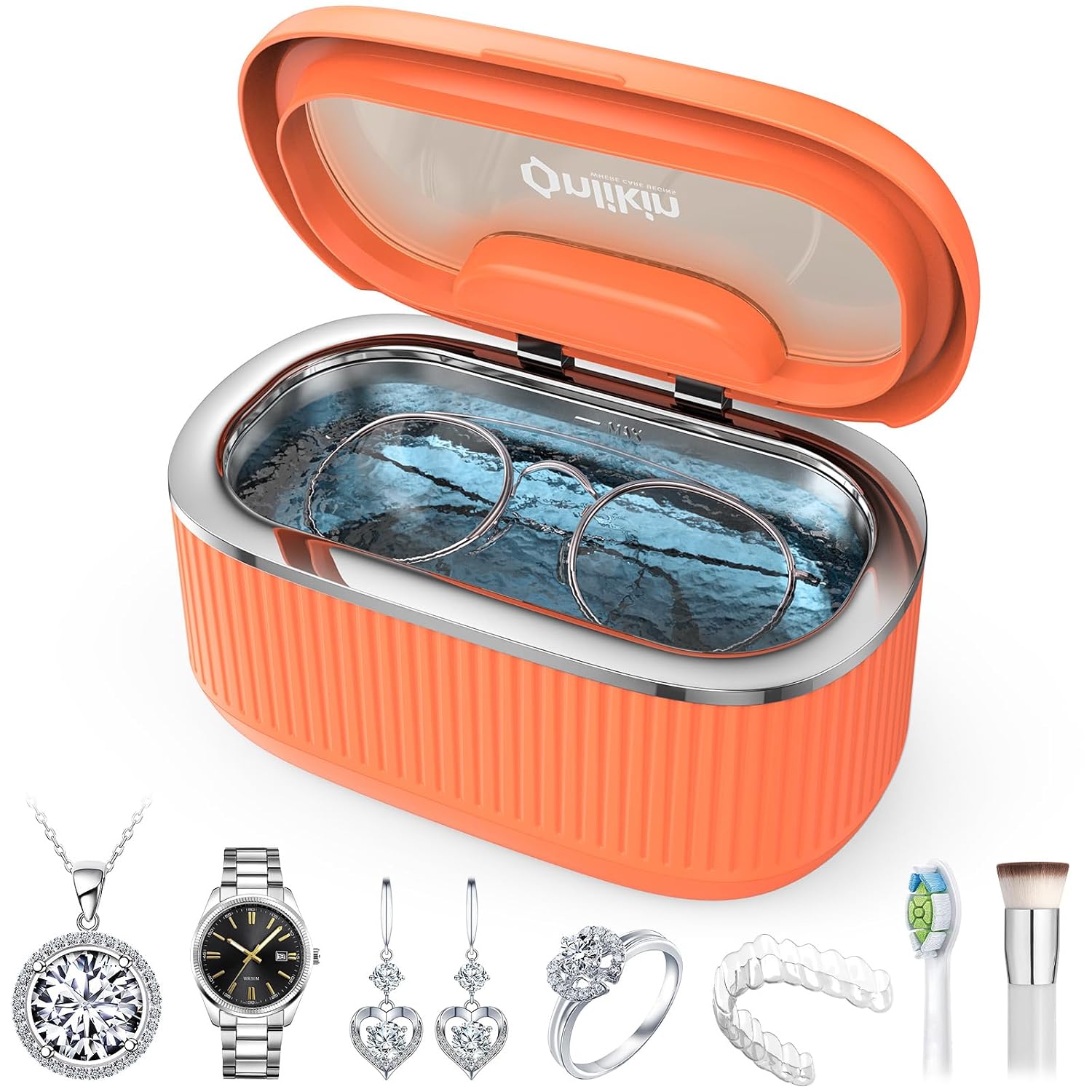35W Ultrasonic Jewelry Cleaner, 45KHz Retainer Cleaner for Jewelry, 5 Timer & 3 Power Modes, Eyeglasses, Rings, Watch Strap, Dentures - 20oz, 304 Stainless Steel Tank, Quiet <38dB (White)