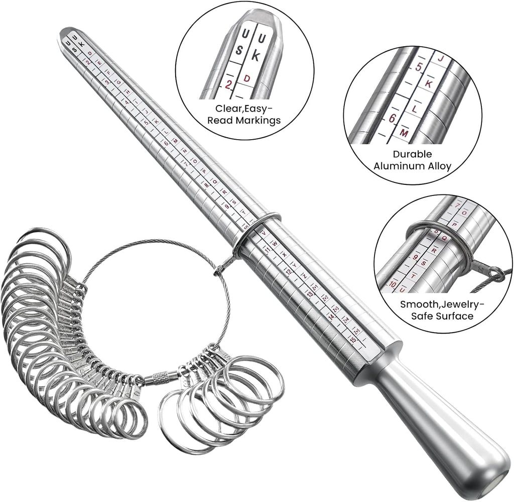 Meowoo Ring Sizer Measuring Tool Set, Ring Gauges with Finger Sizer Mandrel Ring Sizer Tools for Jewelry Sizing Measuring, 4 pcs, Silvery