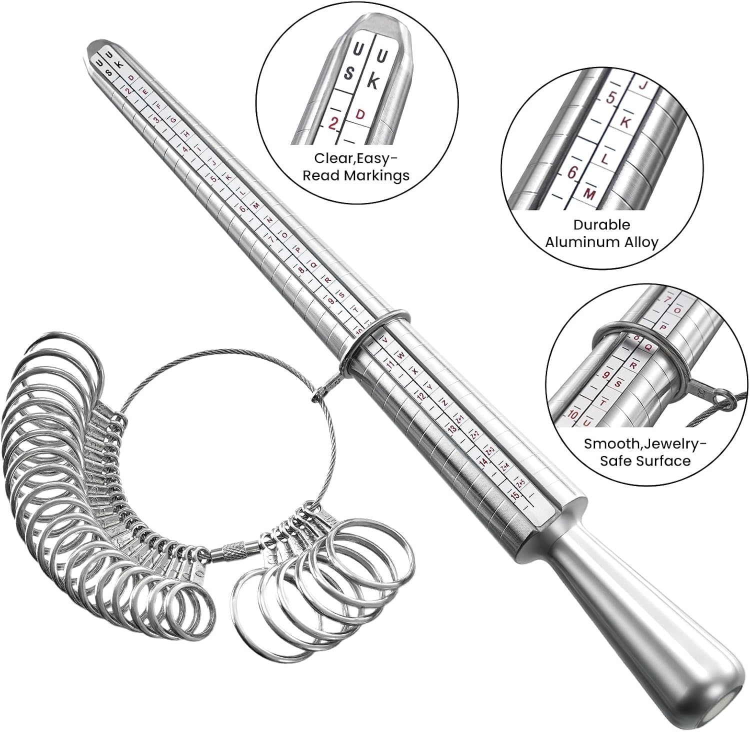Meowoo Ring Sizer Measuring Tool Set, Ring Gauges with Finger Sizer Mandrel Ring Sizer Tools for Jewelry Sizing Measuring, 4 pcs, Silvery