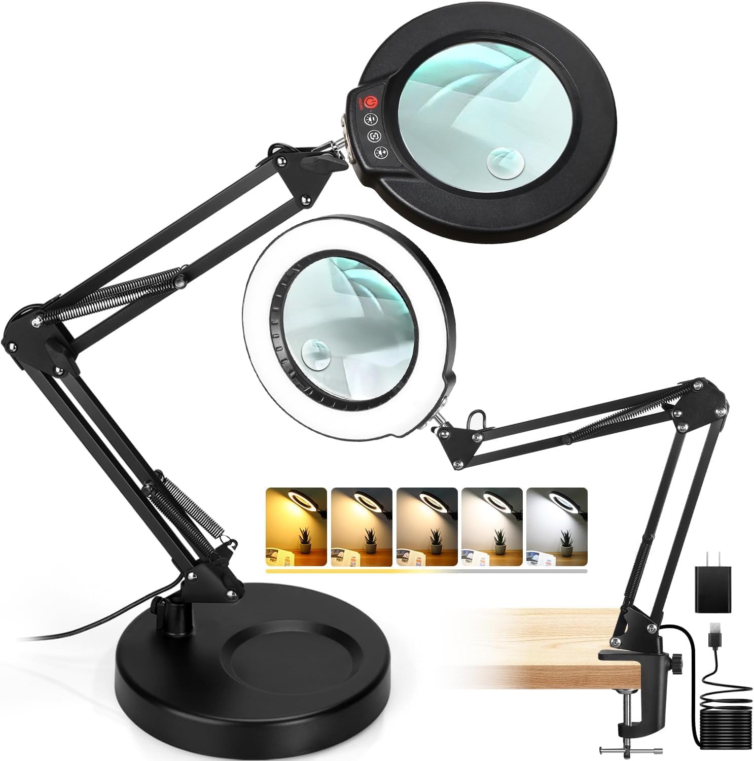 12X Magnifying Glass with Light and Clamp, Real Glass Lens Lighted Magnifier with Stand, 5 Color Modes LED Dimmable Magnifying Desk Lamp Hands Free for Crafts Jewelry Painting Sewing Close Work