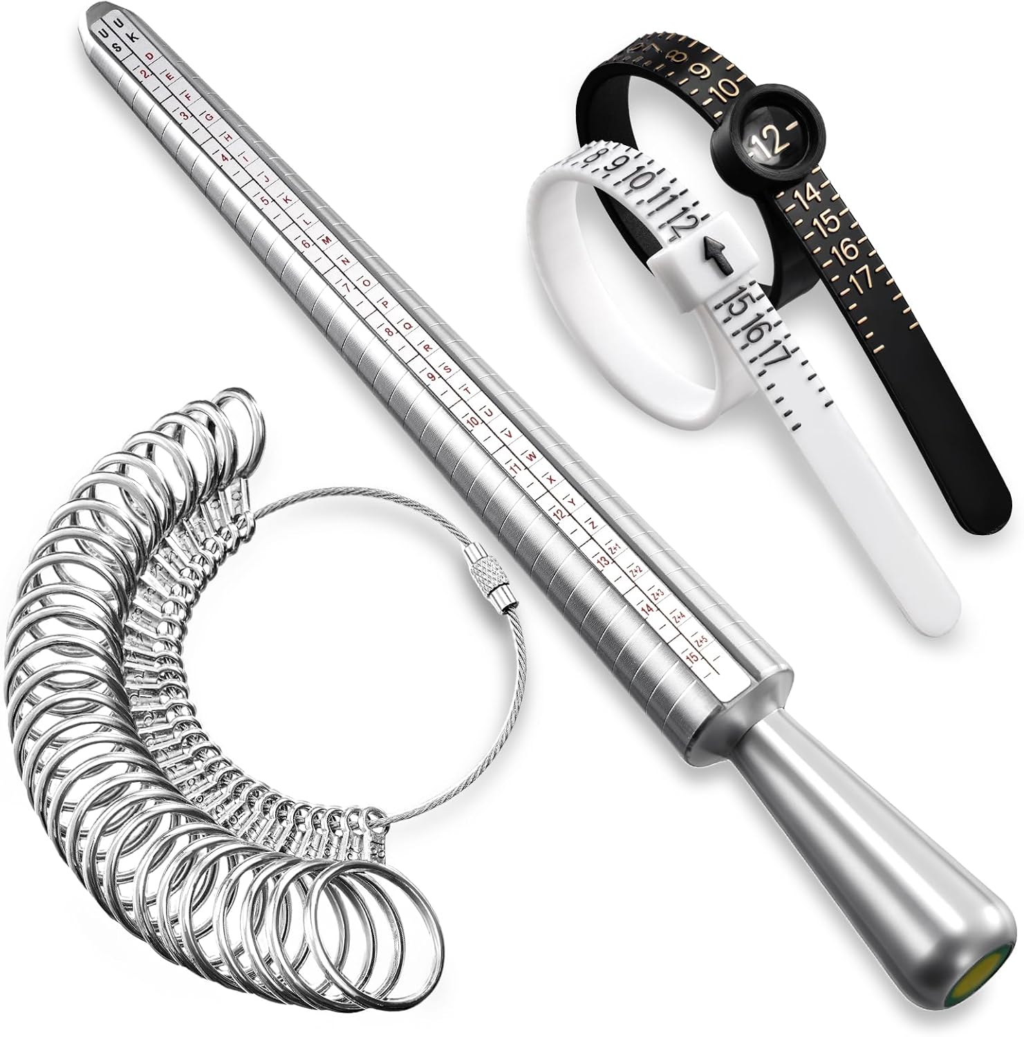 Meowoo Ring Sizer Measuring Tool Set, Ring Gauges with Finger Sizer Mandrel Ring Sizer Tools for Jewelry Sizing Measuring, 4 pcs, Silvery