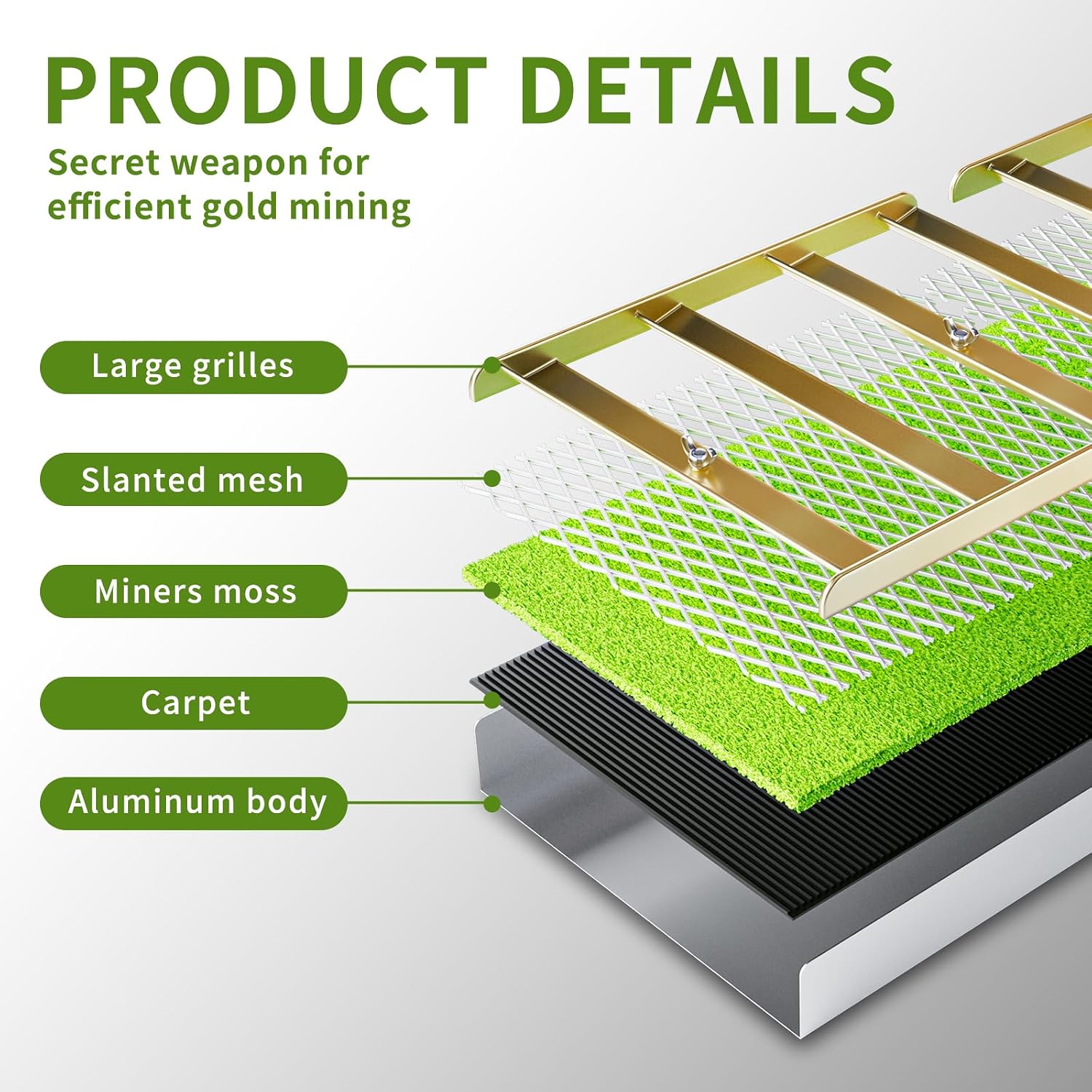 50 Inch Folding Aluminum Sluice Box Gold Panning Kit with Miner's Moss, Portable Lightweight Gold Prospecting Tool for River & Creek Dredging