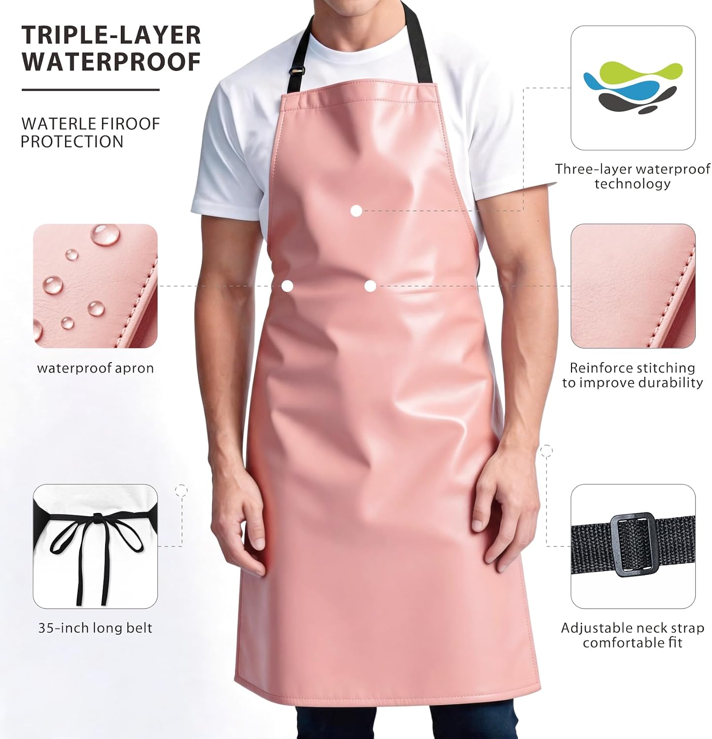 GoldPig Waterproof Apron, Chemical Resistant for Dishwashing | Rubber vinyl, adjustable apron, 40" extra long. Also great for grilling, lab, kitchen, butcher.