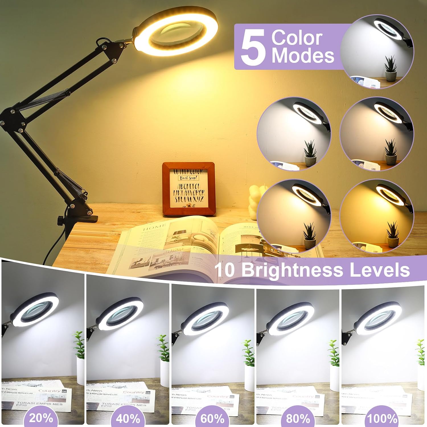 12X Magnifying Glass with Light and Clamp, Real Glass Lens Lighted Magnifier with Stand, 5 Color Modes LED Dimmable Magnifying Desk Lamp Hands Free for Crafts Jewelry Painting Sewing Close Work