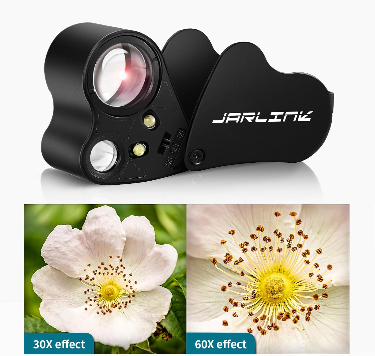 JARLINK 30X 60X Illuminated Jewelers Loupe Magnifier | Foldable Magnifier Equipped with Bright LED Light, Ideal for Inspecting Gems, Jewelry, Coins and Stamps