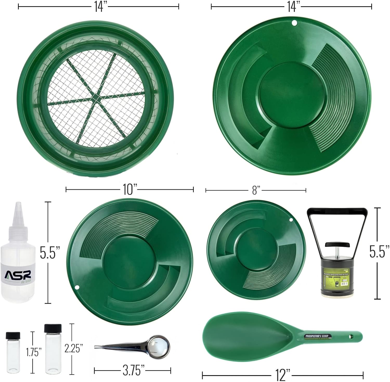 ASR Outdoor 11pc Gold Panning Kit Prospecting Equipment with Classifier Screens, Dual Riffle Gold Pans