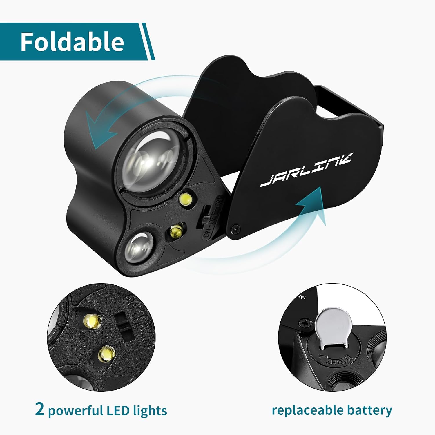 JARLINK 30X 60X Illuminated Jewelers Loupe Magnifier | Foldable Magnifier Equipped with Bright LED Light, Ideal for Inspecting Gems, Jewelry, Coins and Stamps