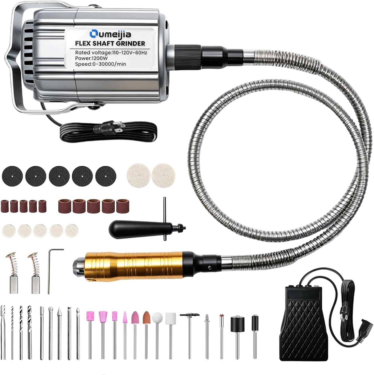 1200W Flex Shaft Rotary Tool, 30000RPM Variable Speed Hanging Grinder with 46Pcs Accessories & Foot Pedal, Electric Flexible Shaft Carving Machine for Wood Metal Jewelry Polishing Sanding Engraving