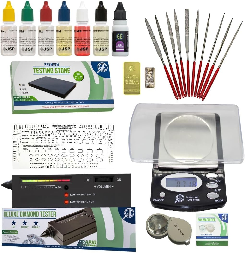 Gemtone All-in-One Gold, Silver, Platinum & Diamond Jewelry Testing and Appraisal Kit with Solutions, Digital Scale, Diamond Tester, Touchstone, and Accessories