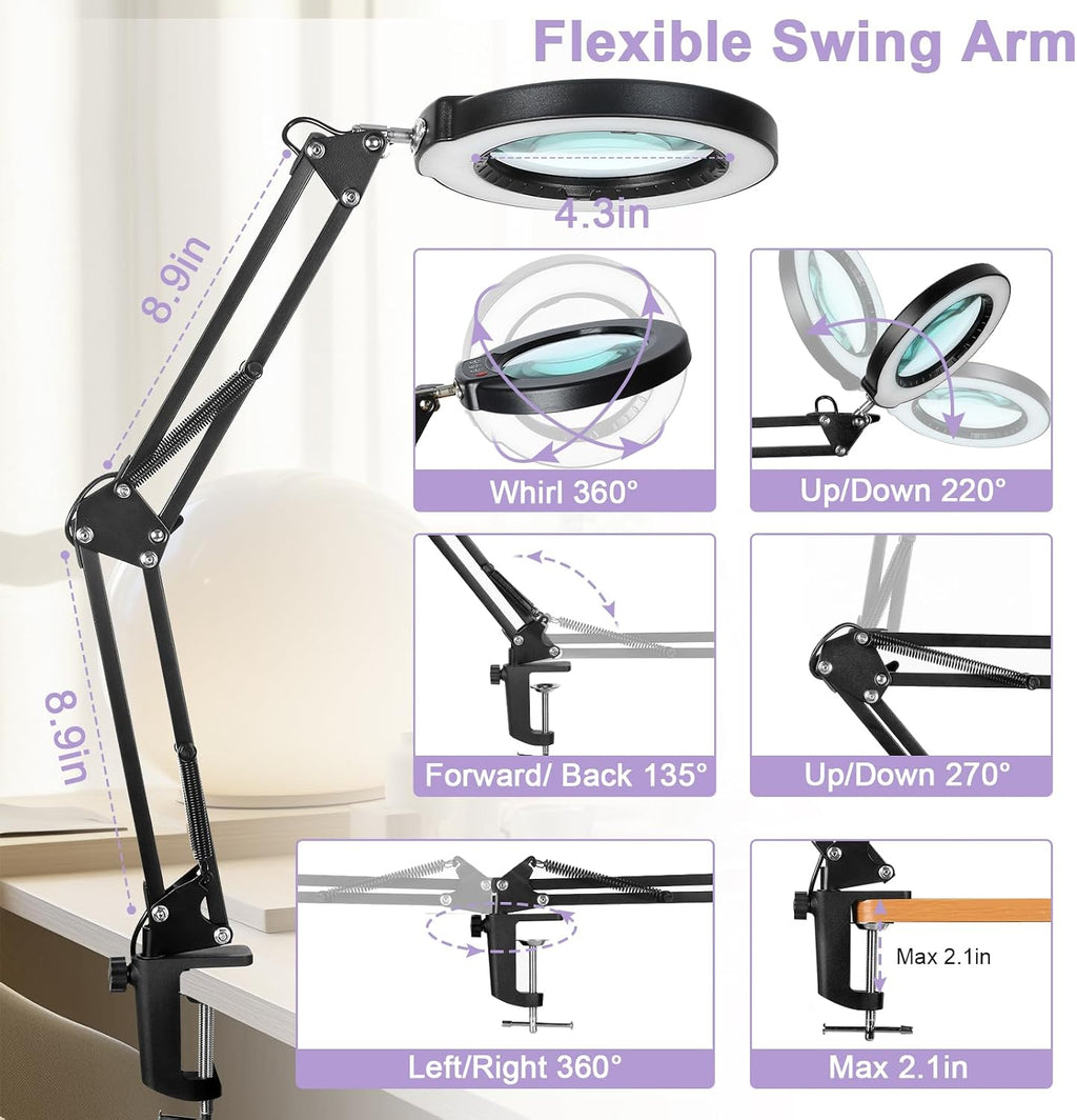 12X Magnifying Glass with Light and Clamp, Real Glass Lens Lighted Magnifier with Stand, 5 Color Modes LED Dimmable Magnifying Desk Lamp Hands Free for Crafts Jewelry Painting Sewing Close Work