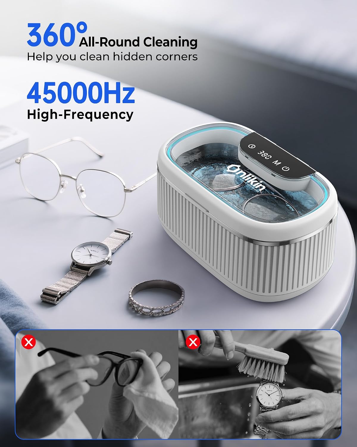 35W Ultrasonic Jewelry Cleaner, 45KHz Retainer Cleaner for Jewelry, 5 Timer & 3 Power Modes, Eyeglasses, Rings, Watch Strap, Dentures - 20oz, 304 Stainless Steel Tank, Quiet <38dB (White)