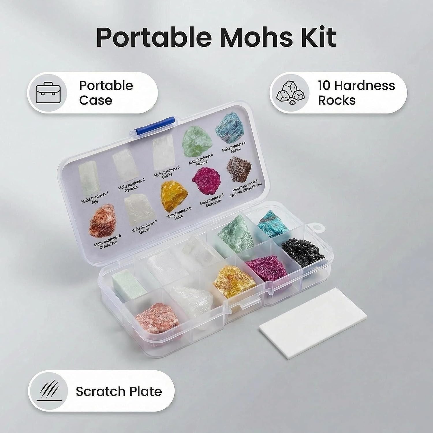 Mohs Hardness Test Kit - Complete Mineral Identification Set 1-10 with Streak Plate | Geology Rock Testing Tool for Professionals, Students & Rockhounds