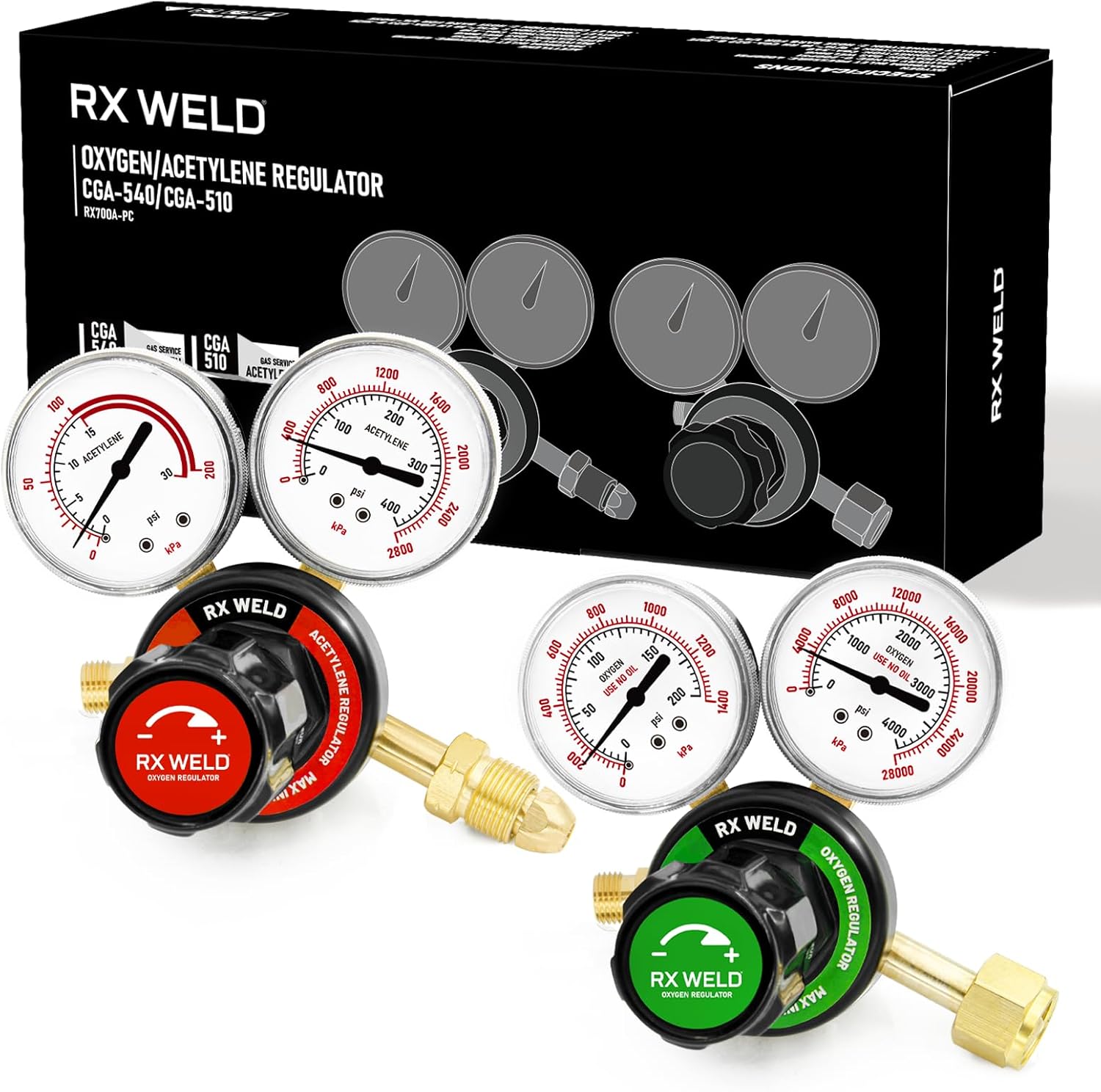 RX WELD Oxygen Acetylene Regulator Set, CGA540 & CGA510, B Size | Outlet Thread 9/16"-18
