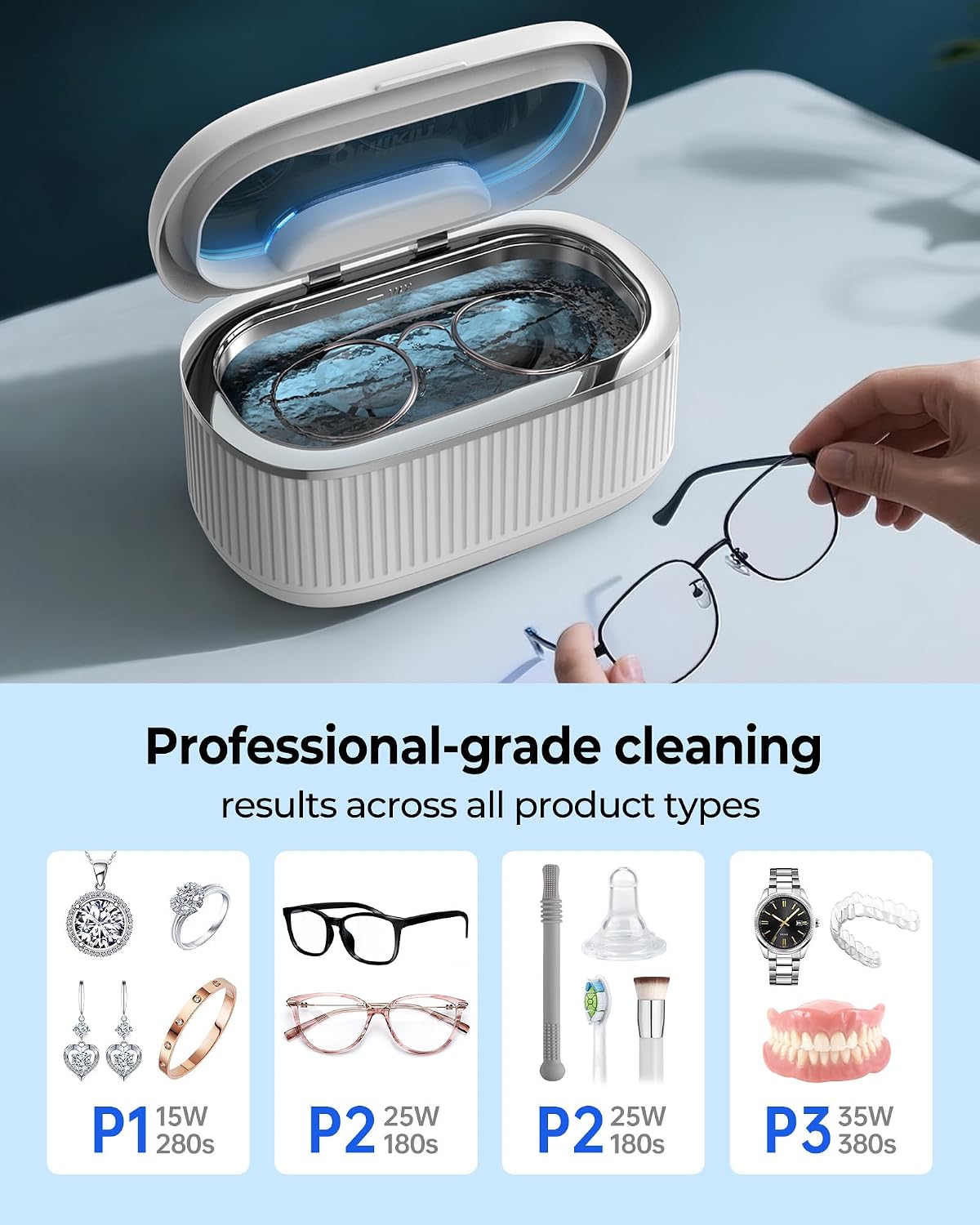 35W Ultrasonic Jewelry Cleaner, 45KHz Retainer Cleaner for Jewelry, 5 Timer & 3 Power Modes, Eyeglasses, Rings, Watch Strap, Dentures - 20oz, 304 Stainless Steel Tank, Quiet <38dB (White)