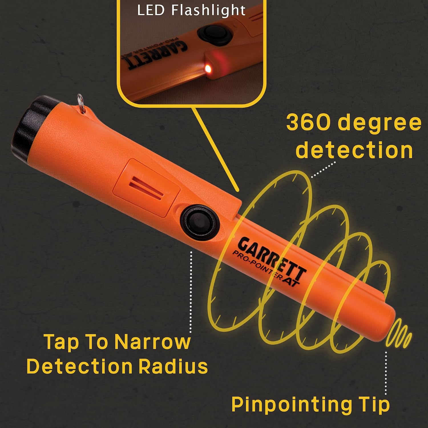 Garrett Pro-Pointer AT Waterproof Metal Detector - Made in The USA - 20ft Submersible, Orange Visibility, High Sensitivity for Nuggets & Small Targets, 3 Levels, Quick Button Adjustment
