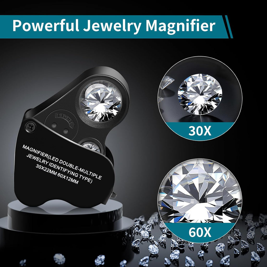 JARLINK 30X 60X Illuminated Jewelers Loupe Magnifier | Foldable Magnifier Equipped with Bright LED Light, Ideal for Inspecting Gems, Jewelry, Coins and Stamps
