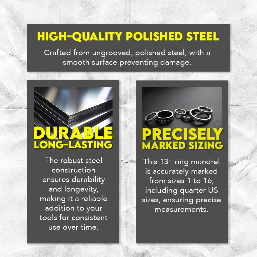SE 13-Inch Polished Steel Ring Mandrel - Marked 1 to 16 US Sizes, Ungrooved, with Knurled Handle for Jewelry Making and Sizing - JT-SP2
