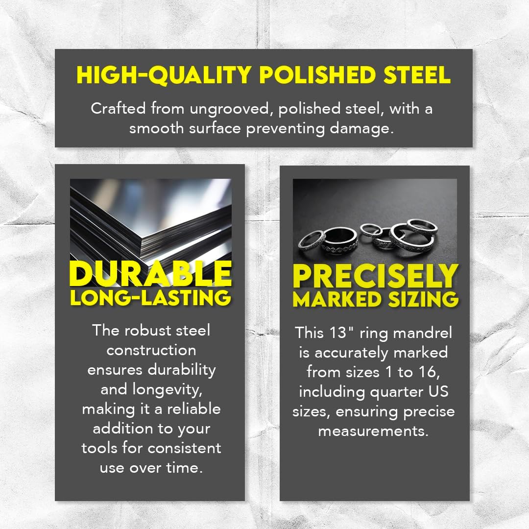 SE 13-Inch Polished Steel Ring Mandrel - Marked 1 to 16 US Sizes, Ungrooved, with Knurled Handle for Jewelry Making and Sizing - JT-SP2