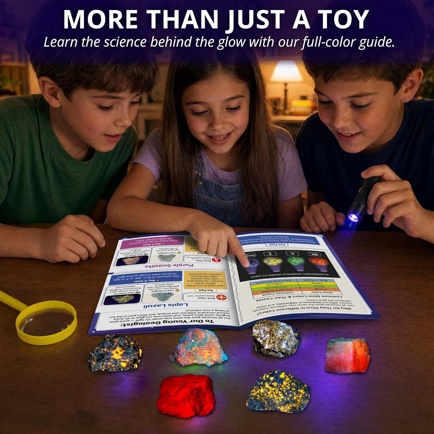 PIBEX Fluorescent Rock Science Kit with UV Flashlight - 6 Natural UV Glowing Rocks & Minerals Collection (~1.5" Each), Educational Geology Toy, Light-Up STEM Gifts for Kids Ages 6-12