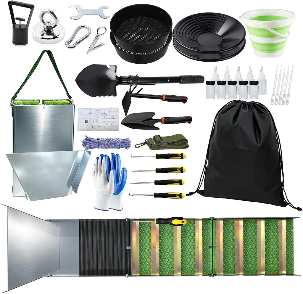 37pcs Gold Panning Kit Complete Gold Mining Equipment with 50" Folding Sluice Box Gold Pans Classifier Screen Separating Magnet Backpack etc Prospecting Set for Beginners Enthusiasts