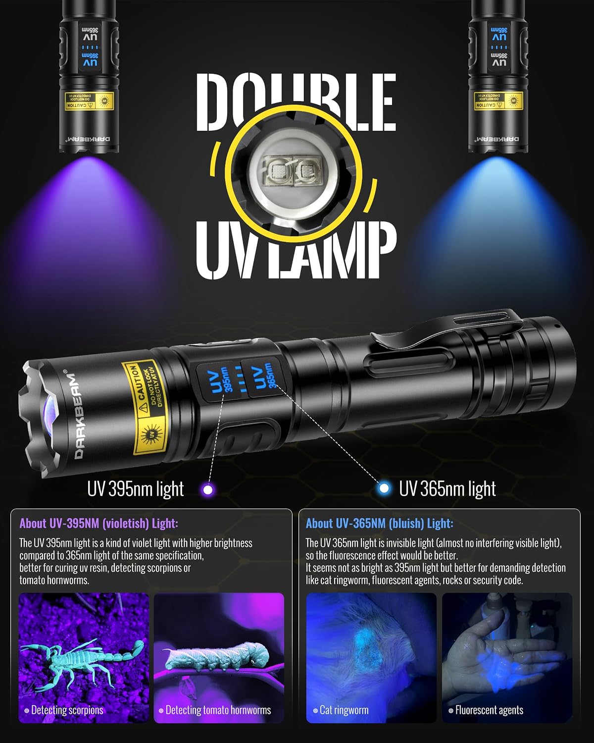 DARKBEAM UV Flashlight 365nm & 395nm Dual Black Light Woods Lamp Ringworm | 365 395 nm Blacklight Flashlights, Rechargeable LED Ultraviolet Powerful, for Pet Urine, Uranium Glass, Rocks, Resin Curing