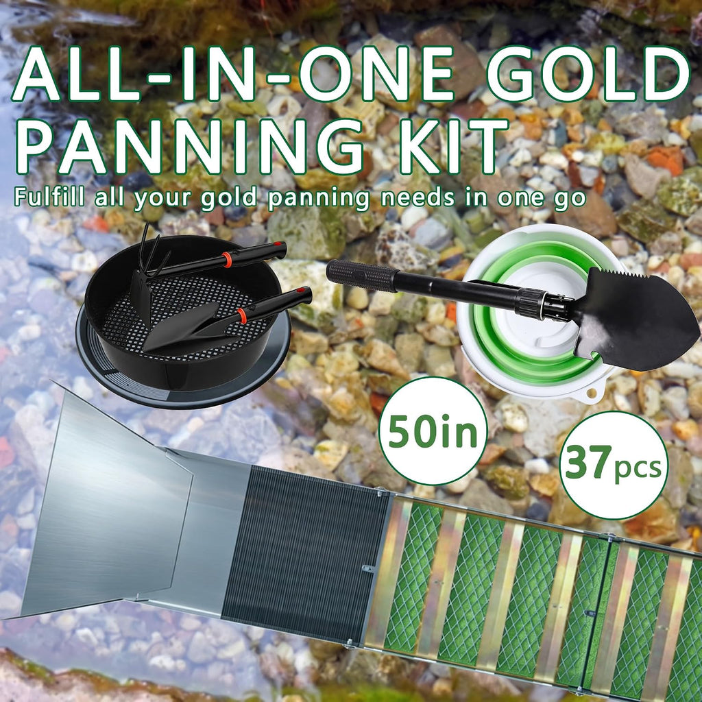 37pcs Gold Panning Kit Complete Gold Mining Equipment with 50" Folding Sluice Box Gold Pans Classifier Screen Separating Magnet Backpack etc Prospecting Set for Beginners Enthusiasts