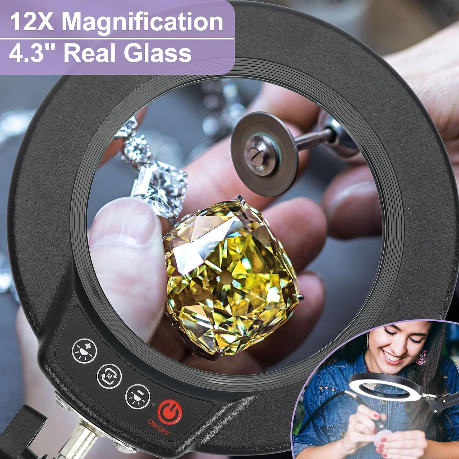 12X Magnifying Glass with Light and Clamp, Real Glass Lens Lighted Magnifier with Stand, 5 Color Modes LED Dimmable Magnifying Desk Lamp Hands Free for Crafts Jewelry Painting Sewing Close Work