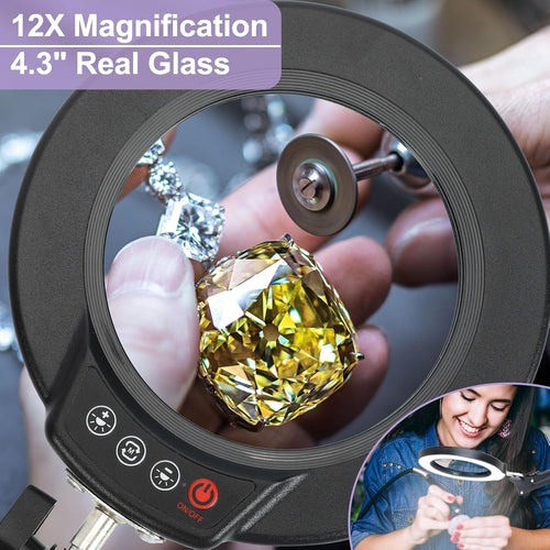 12X Magnifying Glass with Light and Clamp, Real Glass Lens Lighted Magnifier with Stand, 5 Color Modes LED Dimmable Magnifying Desk Lamp Hands Free for Crafts Jewelry Painting Sewing Close Work