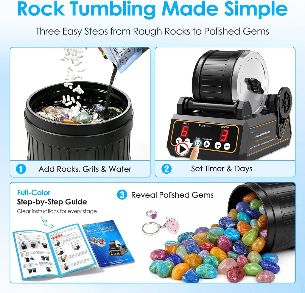 K1 Rock Tumbler Kit – Reliable Rotary Rock Polisher for Adults, Beginners & Hobbyists, 2.5LB Quiet Rubber Barrel with 3 Speeds, 9-Day Timer & Memory Function, Full Accessories Included, Ideal Gift