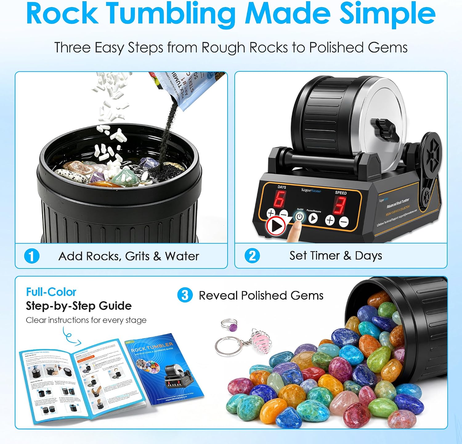 K1 Rock Tumbler Kit – Reliable Rotary Rock Polisher for Adults, Beginners & Hobbyists, 2.5LB Quiet Rubber Barrel with 3 Speeds, 9-Day Timer & Memory Function, Full Accessories Included, Ideal Gift
