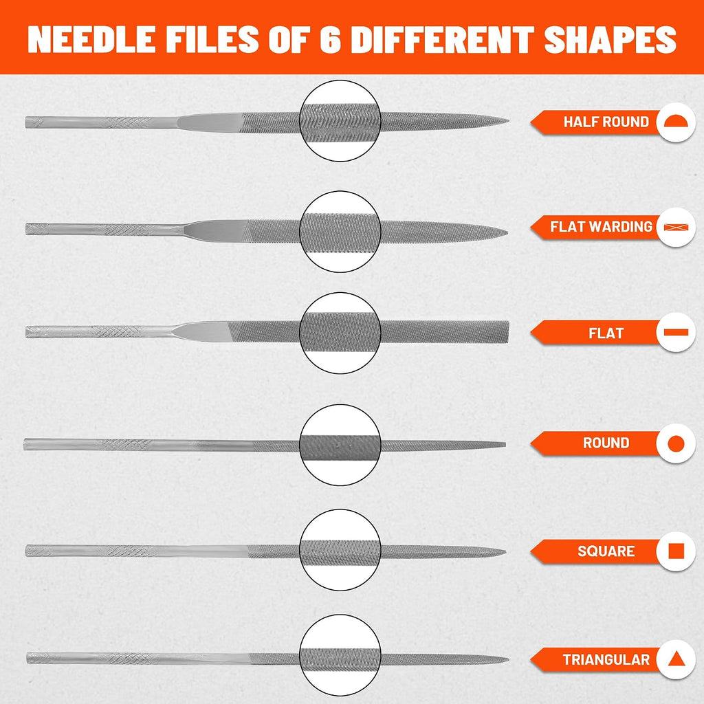 ValueMax 7PCS Interchangeable Needle File Set, Small File Set | Includes Flat, Flat Warding, Round, Half-Round, Square, Triangular File and Handle, For Shaping Metal, Wood, Jewelry, Plastic