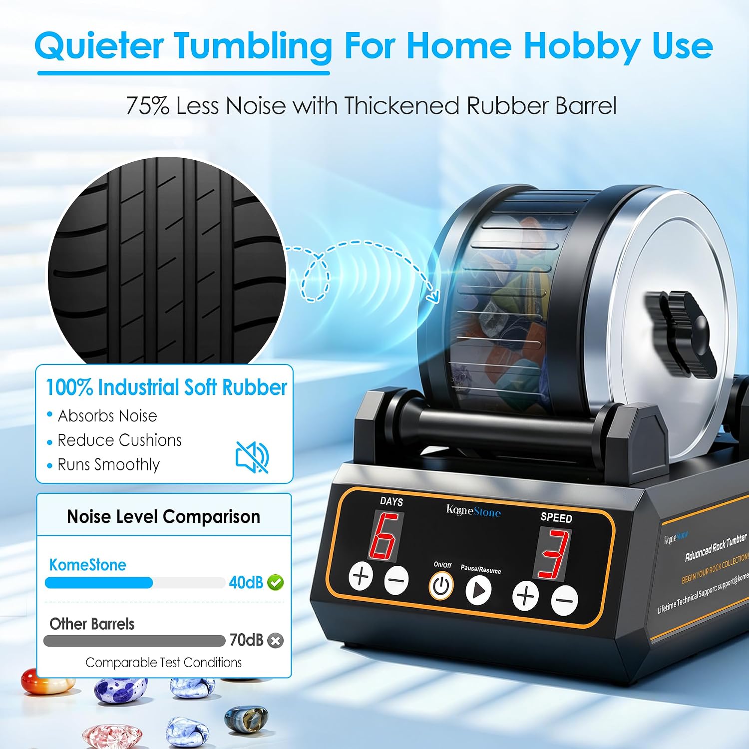 K1 Quiet Rock Tumbler Kit for Adults, Kids & Hobbyists | Reliable 2.5Lb Rotary Rock Polisher, Thick Rubber Barrel, 3 Speeds, 9-Day Timer, Memory Function, Complete Gem Polishing Kit