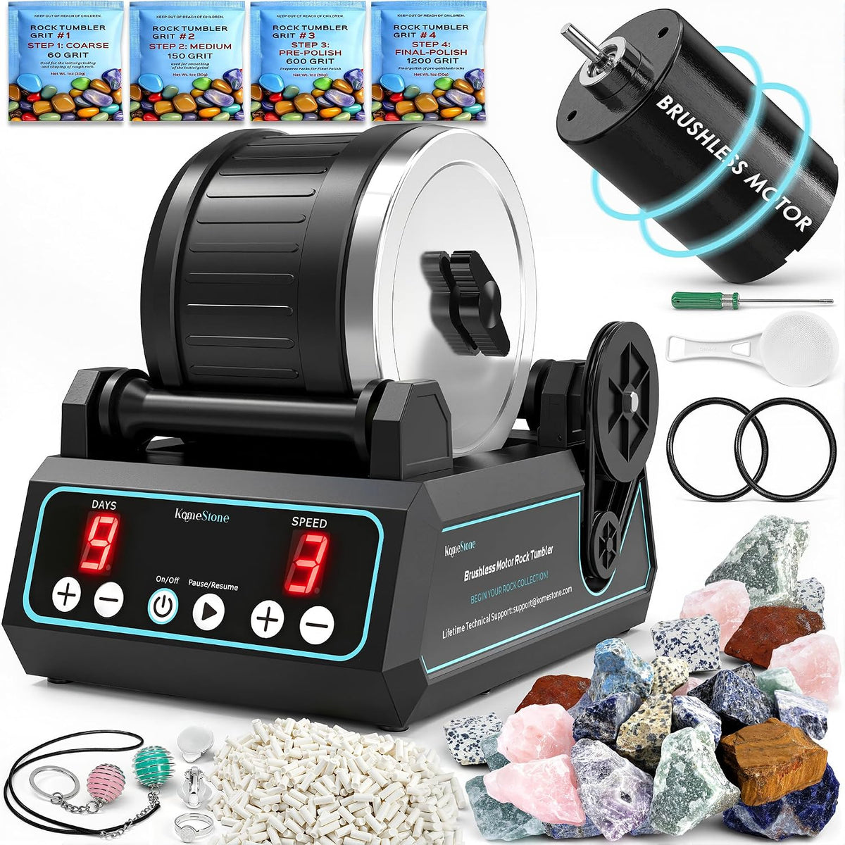 K1 Quiet Rock Tumbler Kit for Adults, Kids & Hobbyists | Reliable 2.5Lb Rotary Rock Polisher, Thick Rubber Barrel, 3 Speeds, 9-Day Timer, Memory Function, Complete Gem Polishing Kit