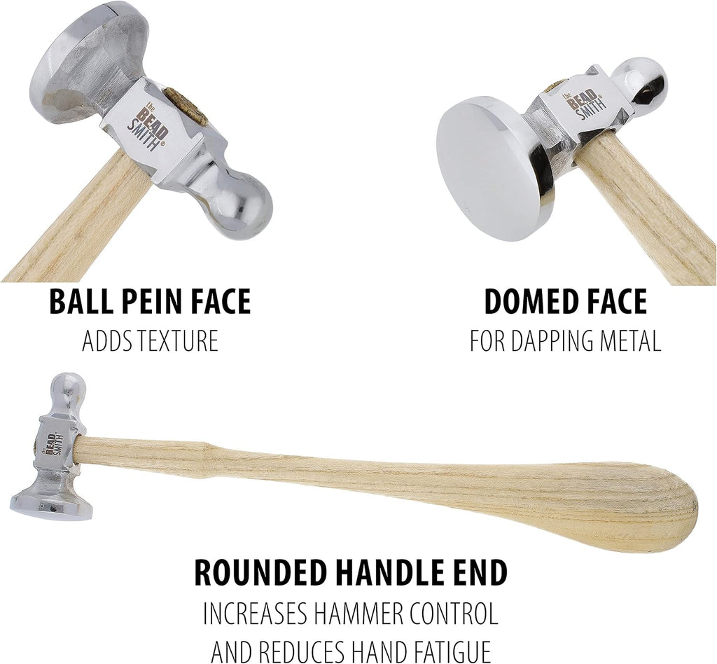 The Beadsmith Two-Sided Chasing Hammer | 10.75" Wooden Handle, 2.25” Steel Head with a 14mm Ball Pein & 28mm Domed Face, Tool Used to Add Texture to Metalwork