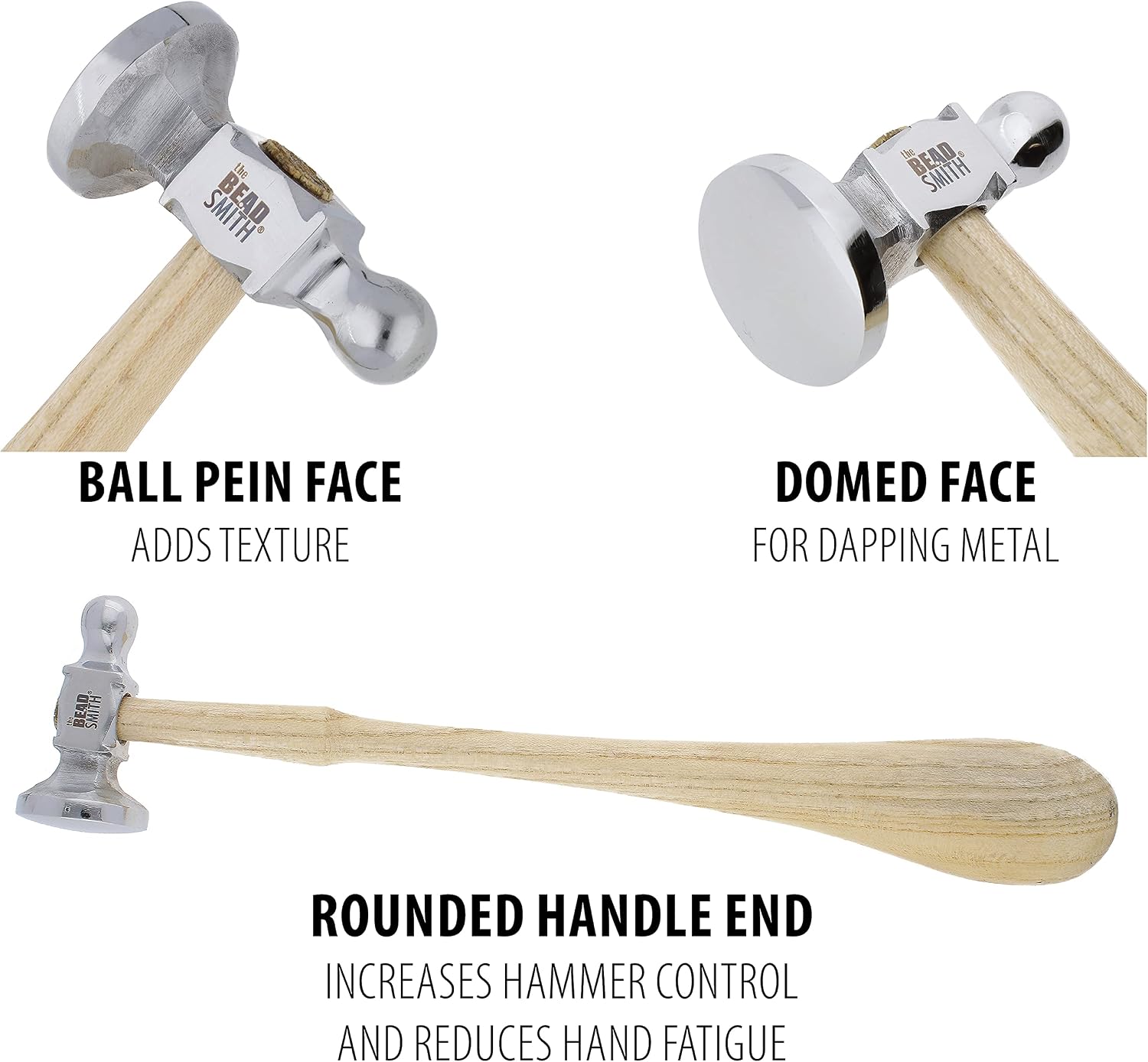The Beadsmith Two-Sided Chasing Hammer | 10.75" Wooden Handle, 2.25” Steel Head with a 14mm Ball Pein & 28mm Domed Face, Tool Used to Add Texture to Metalwork