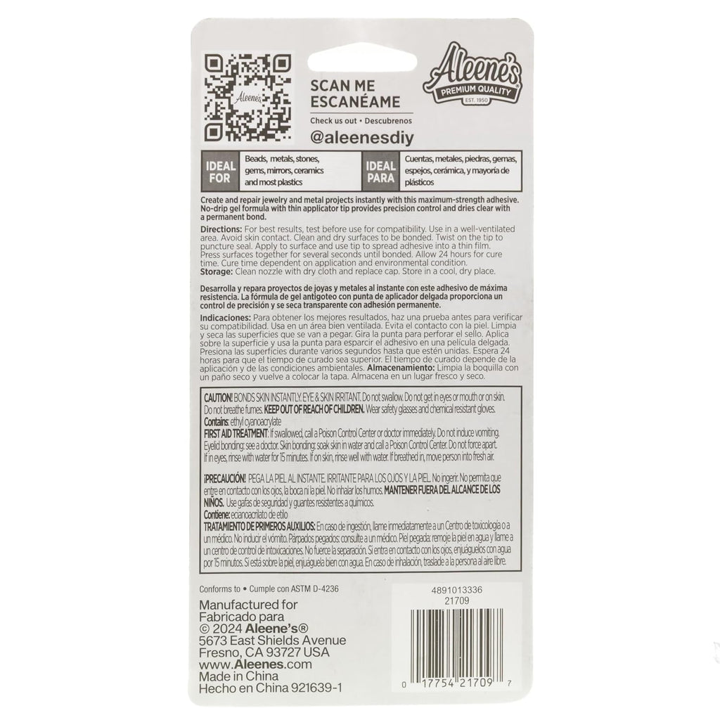 Aleene's 21709 Jewelry & Metal Glue, 0.7 oz - Instant Adhesive, Permanent Bond, Waterproof, Dries Clear, Ideal for Repairs