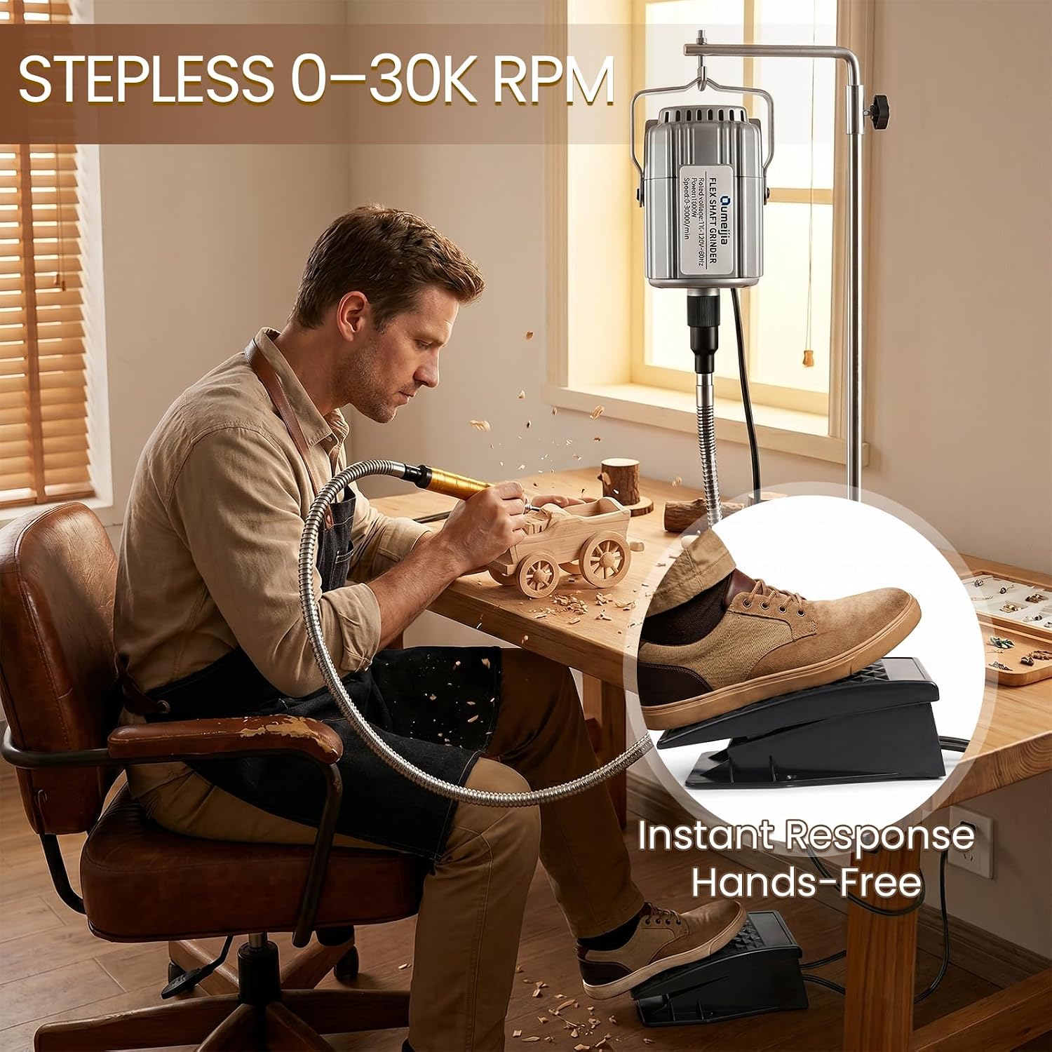 1200W Flex Shaft Rotary Tool, 30000RPM Variable Speed Hanging Grinder with 46Pcs Accessories & Foot Pedal, Electric Flexible Shaft Carving Machine for Wood Metal Jewelry Polishing Sanding Engraving
