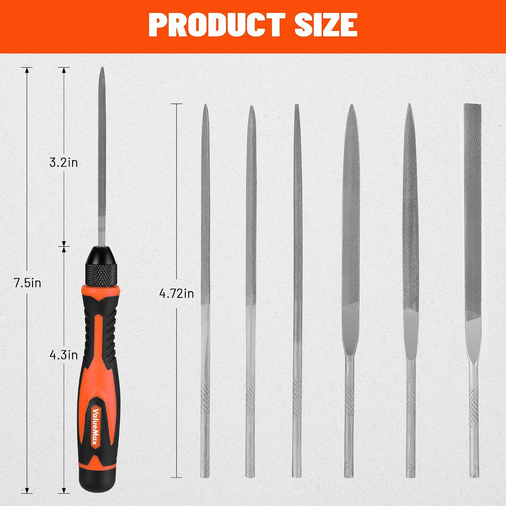 ValueMax 7PCS Interchangeable Needle File Set, Small File Set | Includes Flat, Flat Warding, Round, Half-Round, Square, Triangular File and Handle, For Shaping Metal, Wood, Jewelry, Plastic