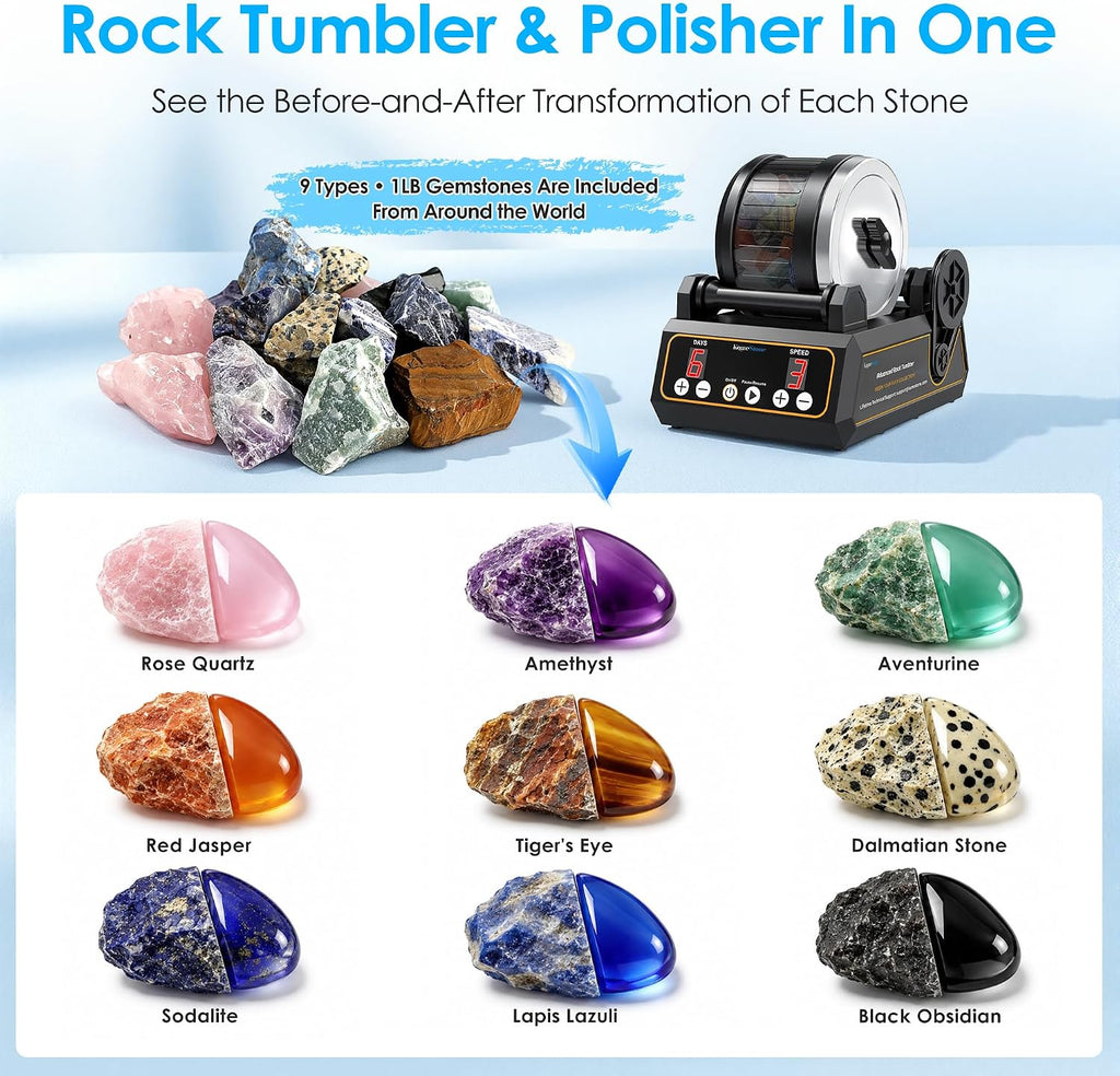 K1 Rock Tumbler Kit – Reliable Rotary Rock Polisher for Adults, Beginners & Hobbyists, 2.5LB Quiet Rubber Barrel with 3 Speeds, 9-Day Timer & Memory Function, Full Accessories Included, Ideal Gift