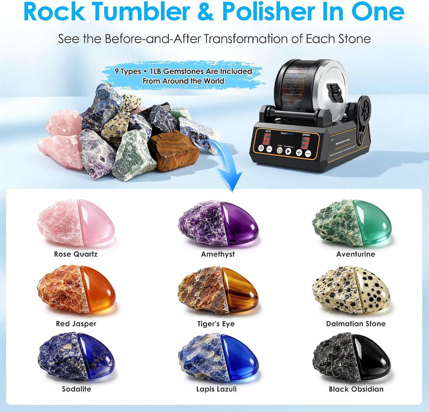 K1 Rock Tumbler Kit – Reliable Rotary Rock Polisher for Adults, Beginners & Hobbyists, 2.5LB Quiet Rubber Barrel with 3 Speeds, 9-Day Timer & Memory Function, Full Accessories Included, Ideal Gift